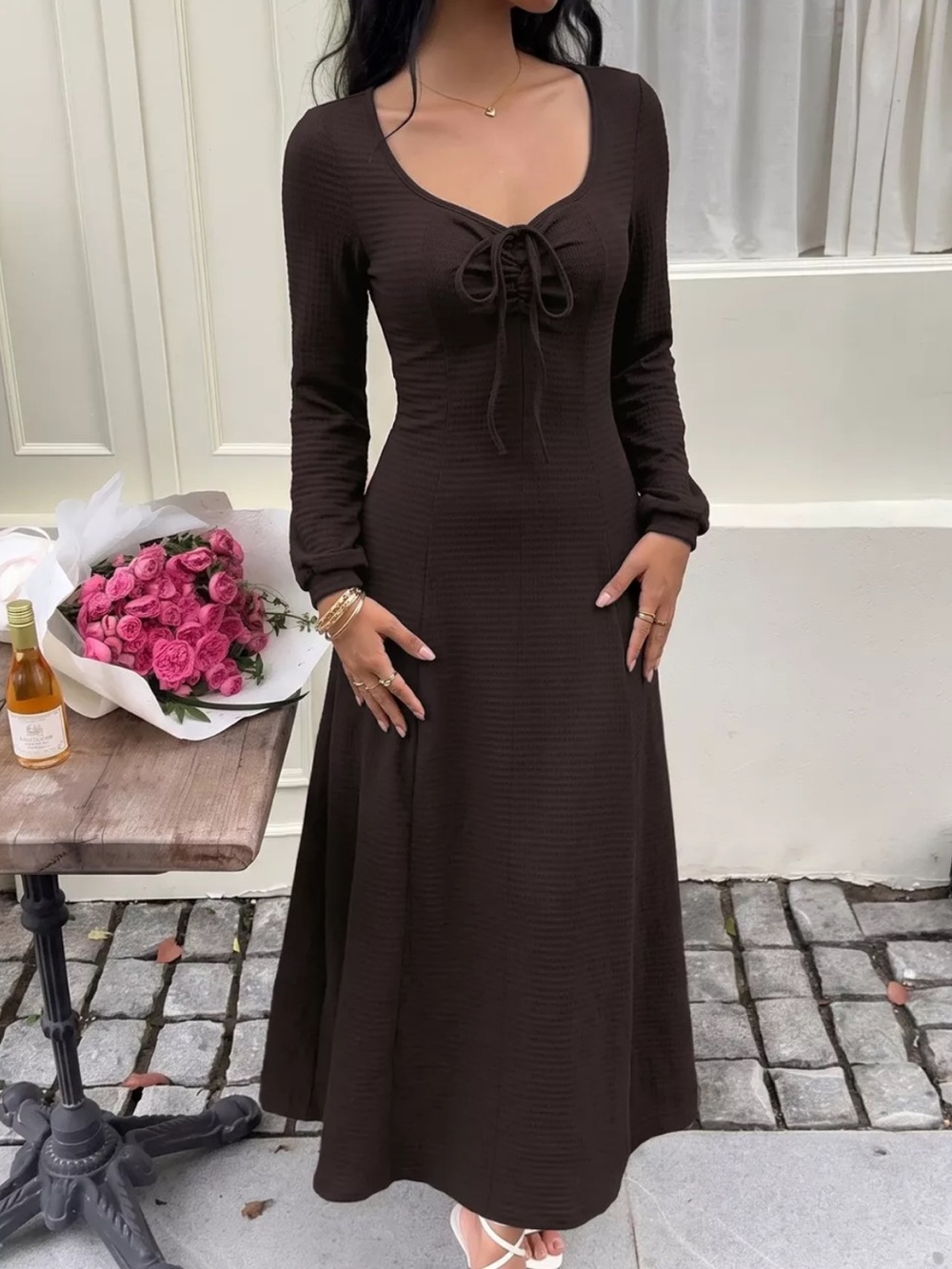 ⭐️ Chic Long Sleeve Brown Tie Front Maxi Dress